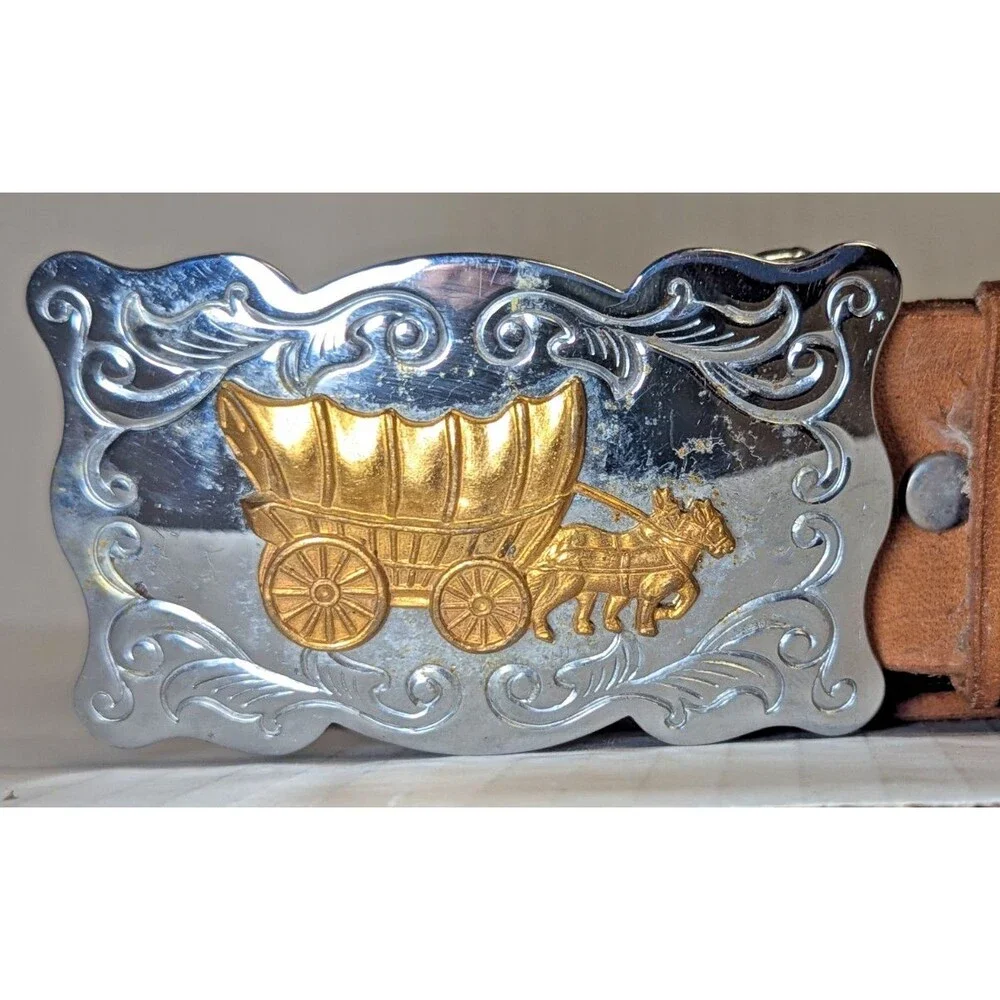 Chambers Leather Belt Co. USA Belt Buckle Covered Wagon Oak Leaves Acorn Belt